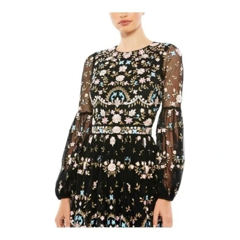 MAC DUGGAL 35111 Embroidered Floral Long Sleeve Gown in Black Size 4 NEW - Picture 3 of 11